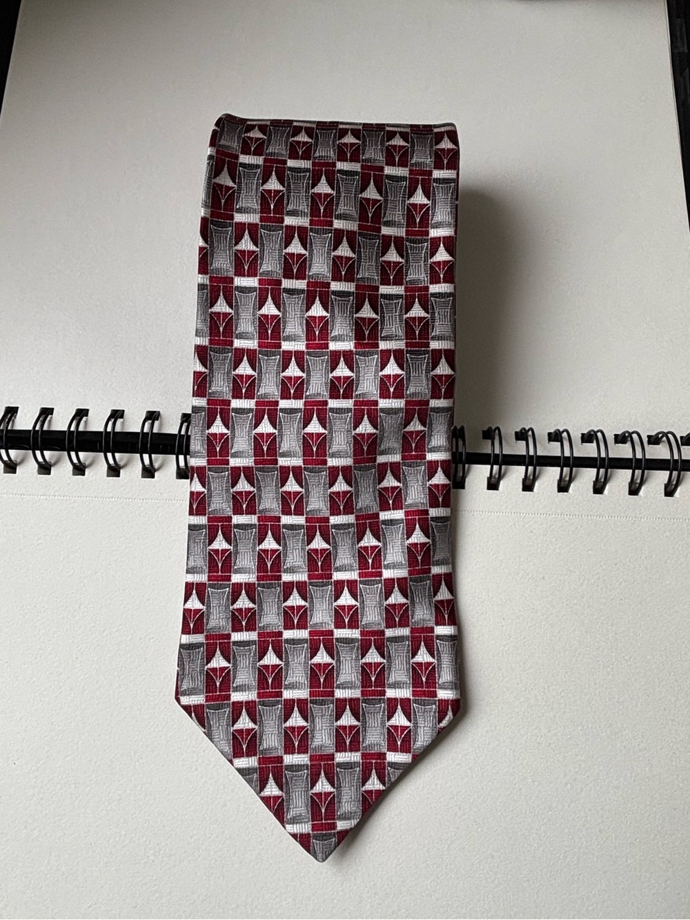 Valentino Burgundy and Gray Geometric Silk Tie